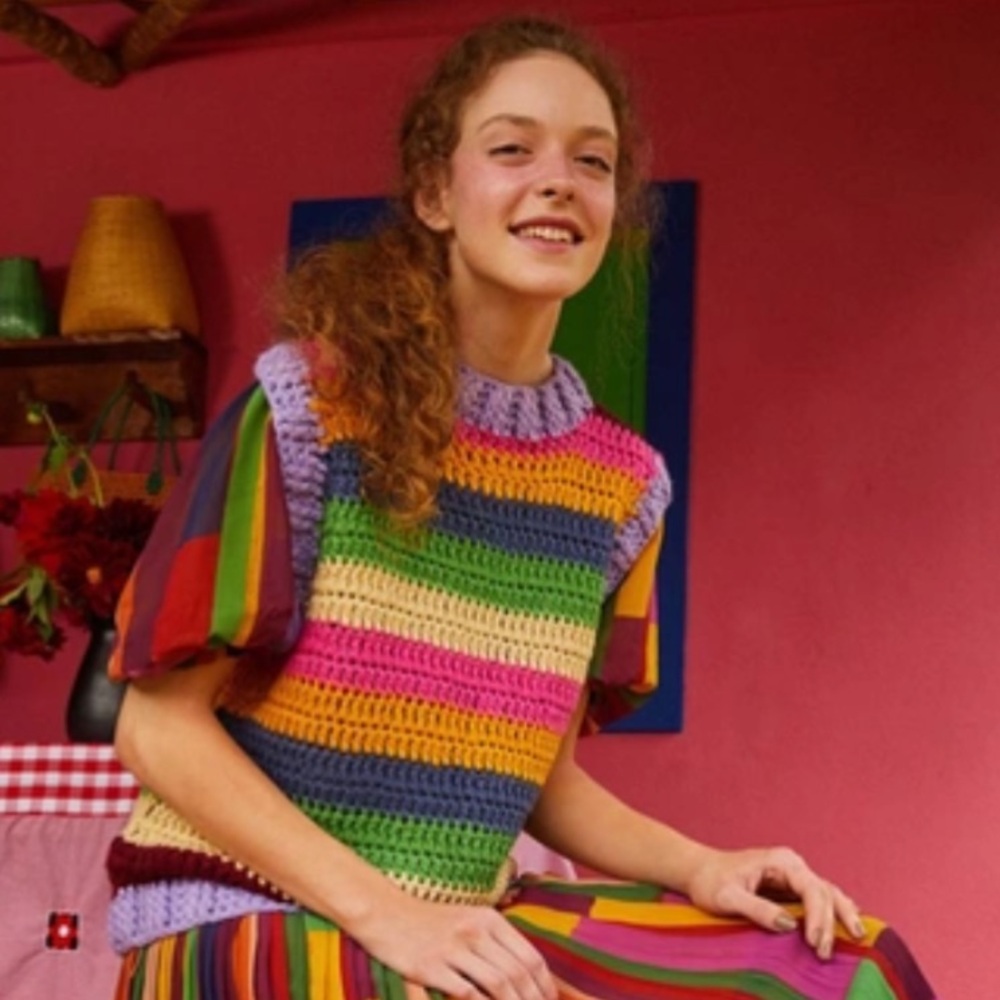 Anthropologie Farm Rio Handmade Crochet Knitted Rainbow Striped Sweater Vest